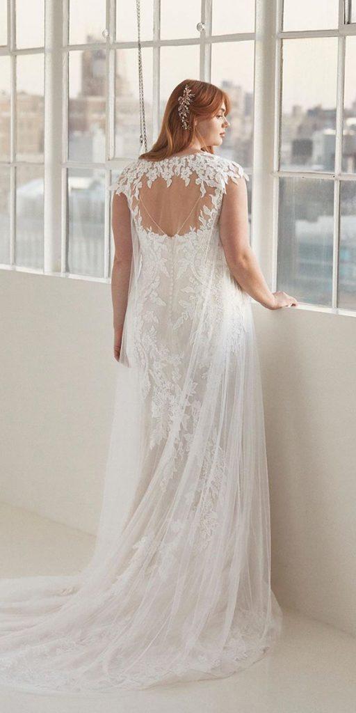 lace plus size wedding dresses sheath with cape train pronovias