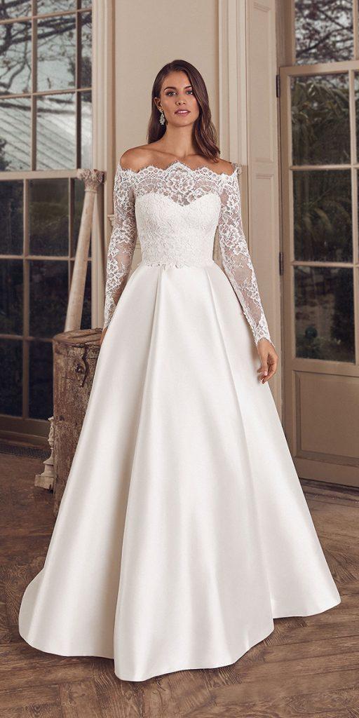 lace wedding dresses with sleeves a line off the shoulder modest justin alexander