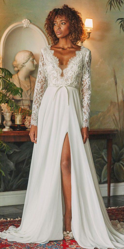 lace wedding dresses with sleeves a line v neckline bohemian rustic annageorgina
