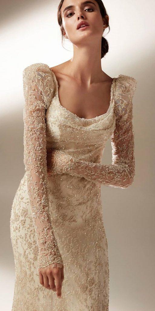 lace wedding dresses with sleeves unique sweetheart neckline champagne delicate pronovias