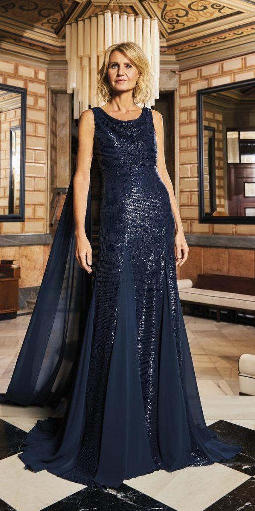 long mother of the bride dresses navy with train sequins pronovias