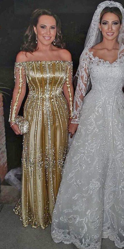 long mother of the bride dresses off the shoulder with sleeves gold sequins paulodolce