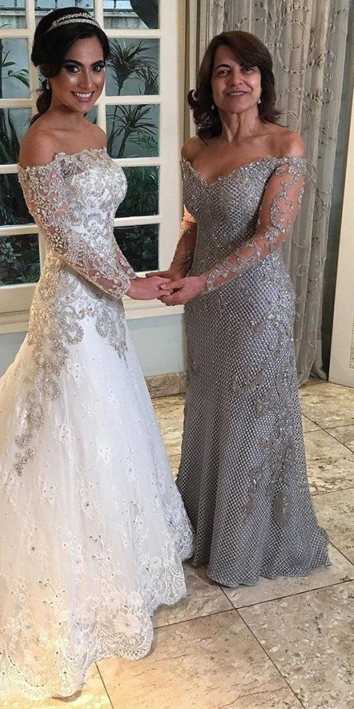 long mother of the bride dresses off the shoulder with sleeves lace grey paulodolce