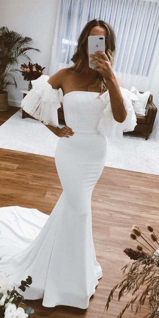 mermaid wedding dresses simple with puff sleeves strapless neckline emmy mae