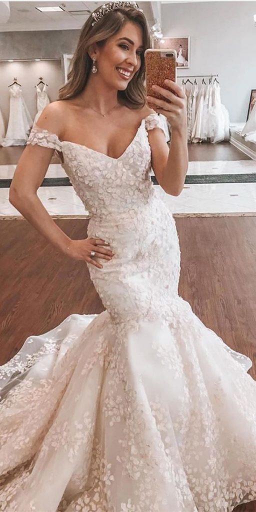 mermaid wedding dresses sweetheart neckline off the shoulder floral appliques lazarobridal