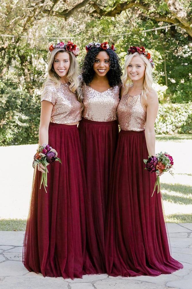 mismatched bridesmaid dresses gold sequins top burgundy rustic shoprevelry