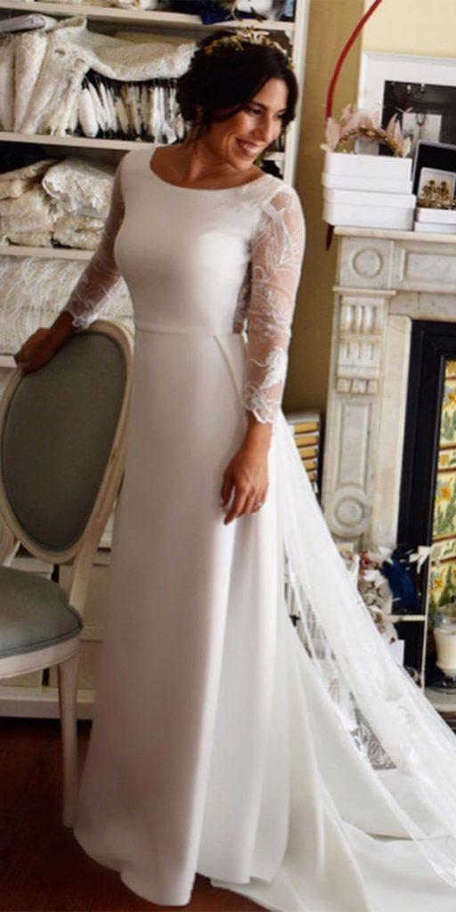 modest wedding dresses with sleeves sheath simple with lace train aliciaruedaatelier