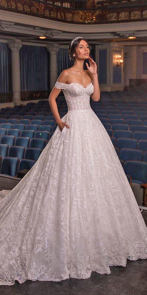 princess wedding dresses off the shoulder sweetheart neckline lace pronovias