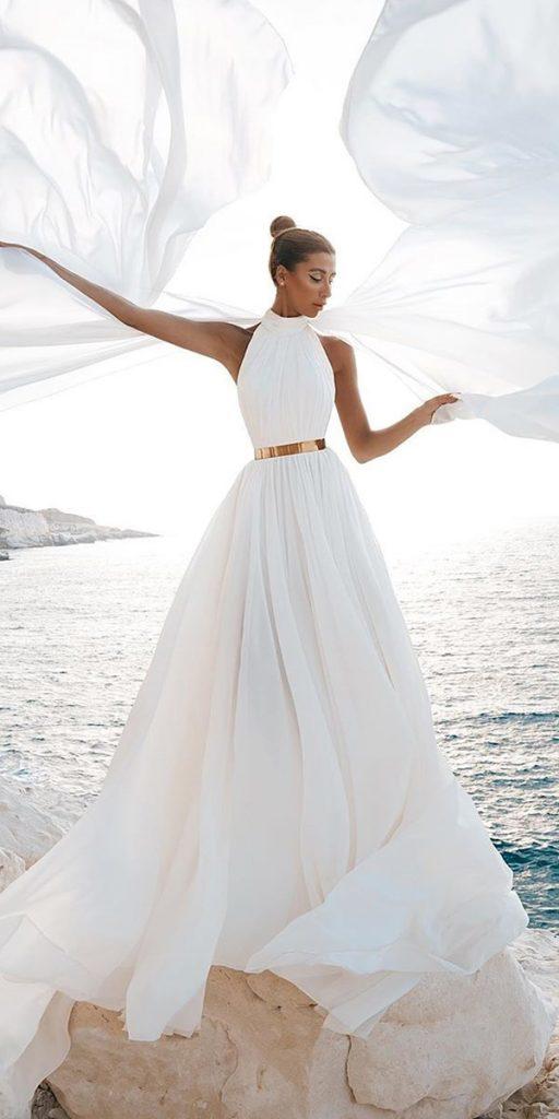 princess wedding dresses simple halter neckline gold belt said mhamad
