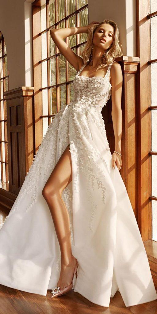 princess wedding dresses square neckline floral appliques with slit pallascouture