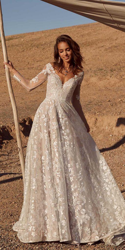 summer wedding dresses a line with sleeves lace v neckline madi lane