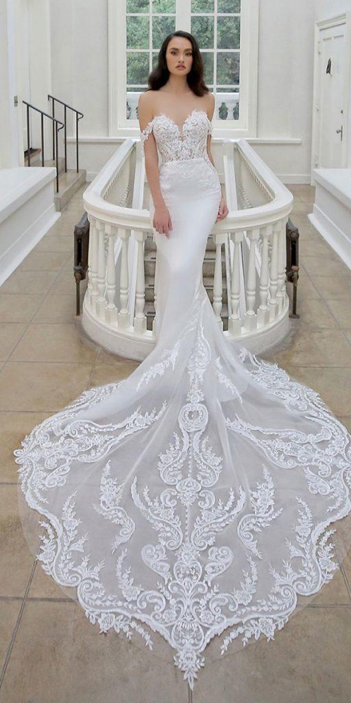 trumpet wedding dresses off the shoulder strapless sweetheart lace train enzoani