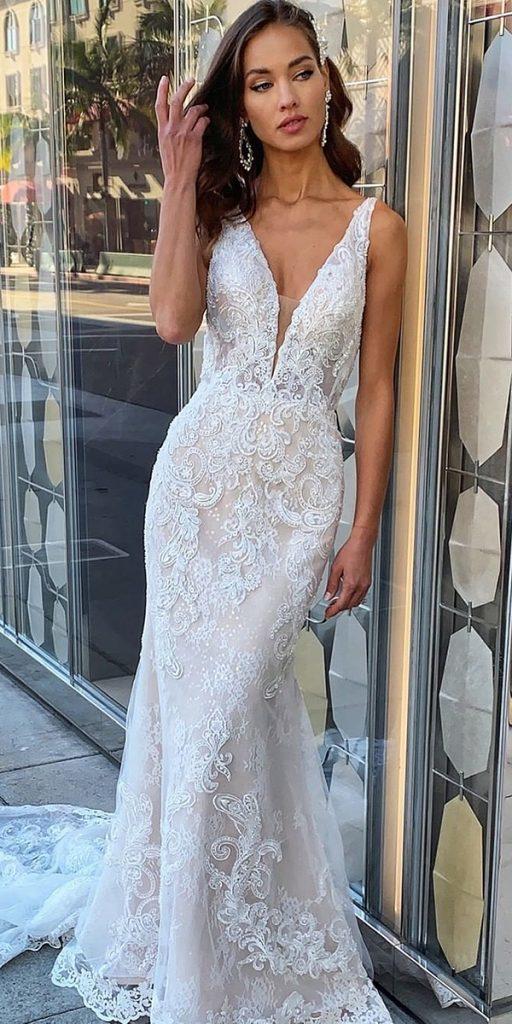 trumpet wedding dresses sexy beach lace plungin neckline moonlightbridal
