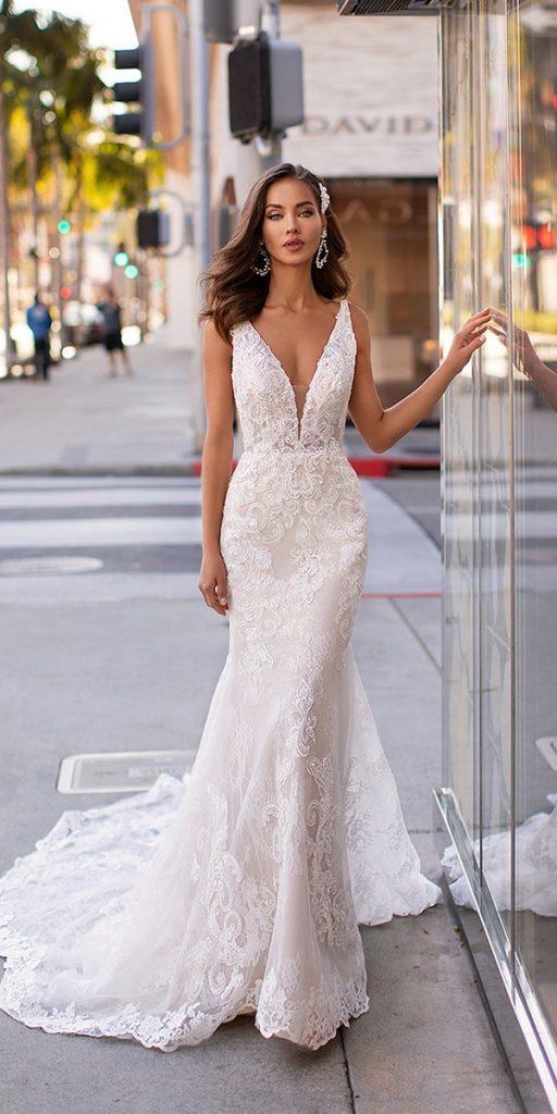 beach wedding dresses mermaid plunging neckline lace train moonlight