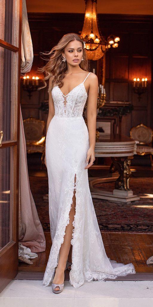beach wedding dresses sheath with spaghetti straps sweetheart neckline lace val stefani