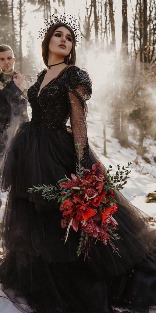 black wedding dresses ball gown with long sleeves gothic kiranova