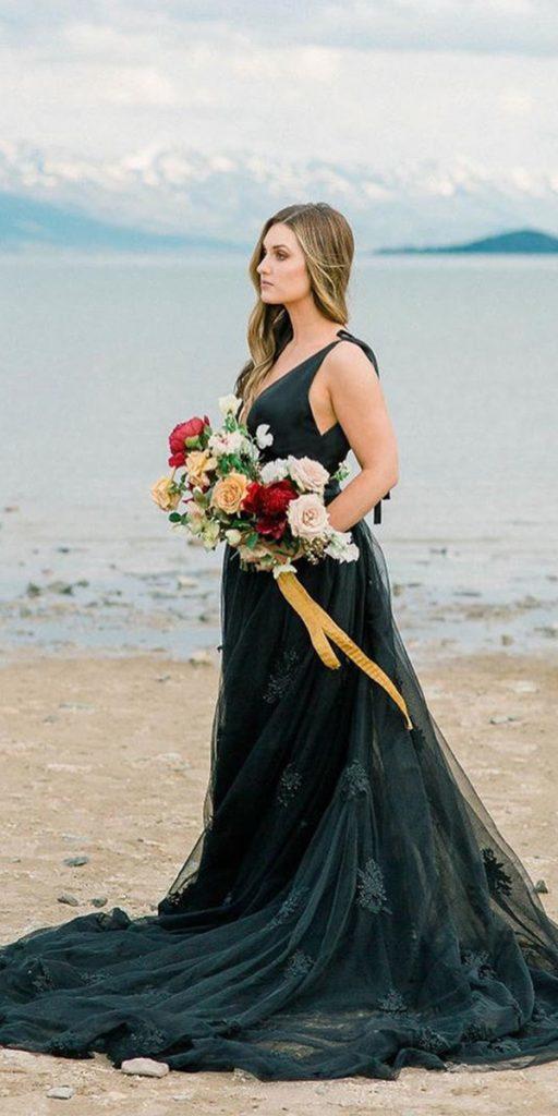 black wedding dresses beach with train sleveless frenchknotcouture