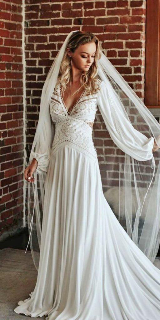 bohemian wedding dresses a line with long sleeves lace top rue de seine