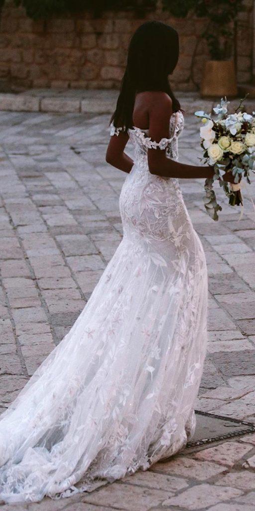 lace beach wedding dresses sheath off the shoulder with train galialahav
