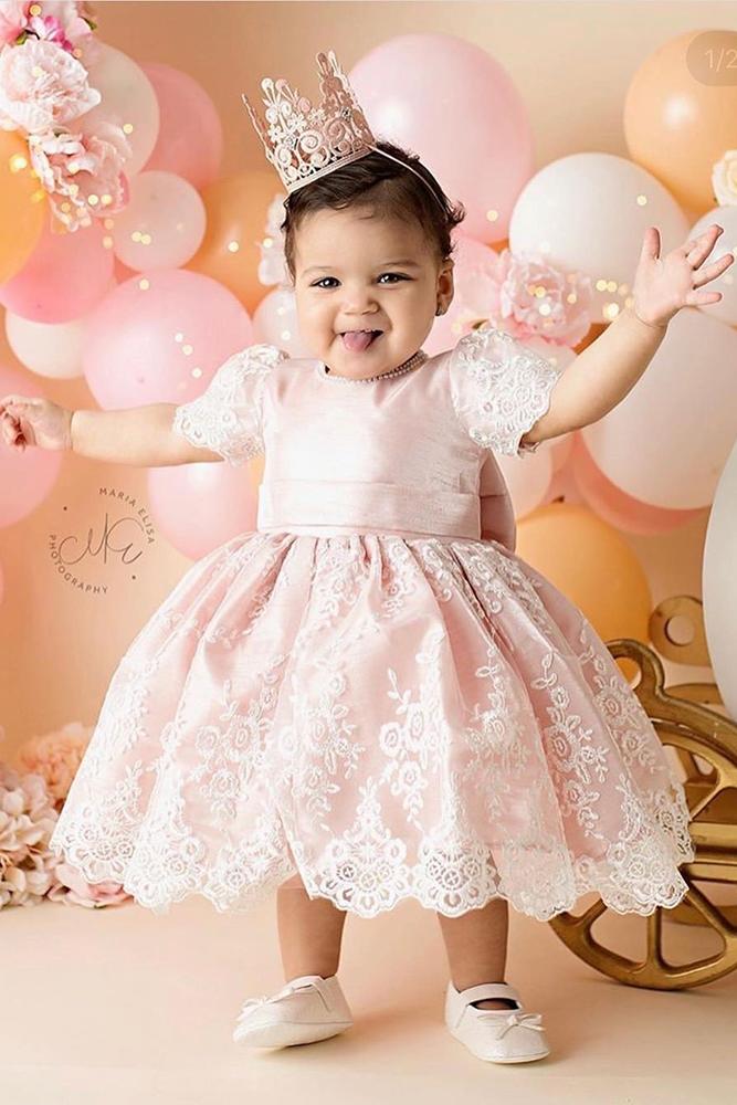 lace flower girl dresses blush with cap sleeves ittybittytoes