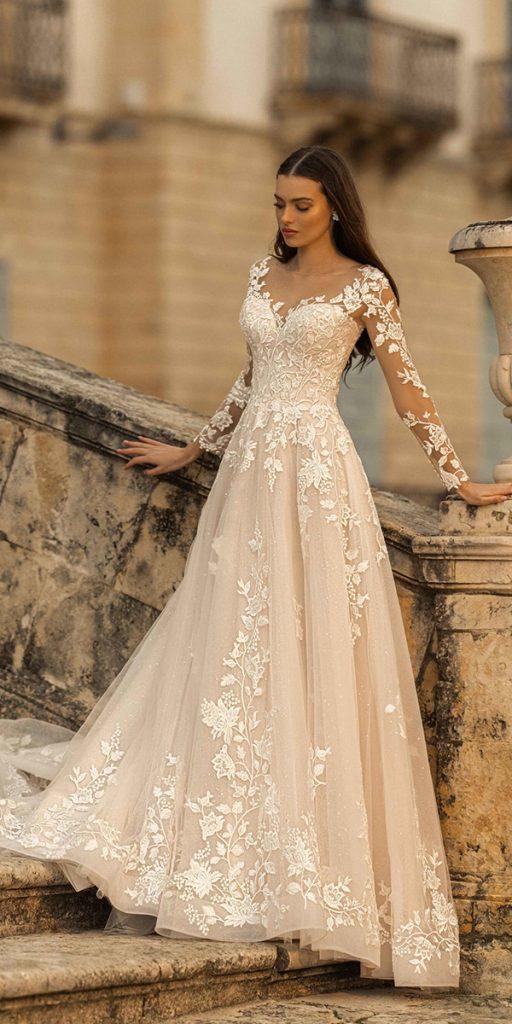 romantic bridal gowns a line with illusion long sleeves lace blush lussano