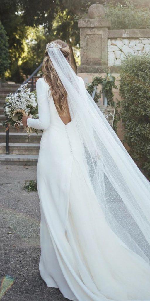 silk wedding dresses with long sleeves v back train simple kiwo estudio