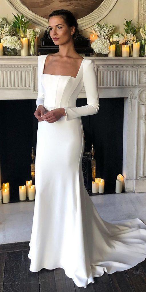 simple wedding dresses with sleeves sheath square neckline with train suzanneneville
