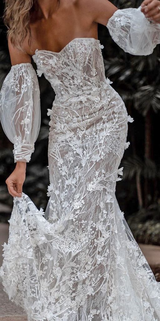 trumpet wedding dresses floral appliques sweetheart neckline with sleeves galialahav