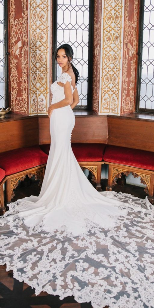 trumpet wedding dresses off the shoulder lace with train allure