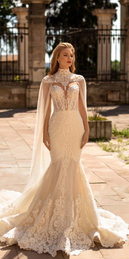 unique lace wedding dresses fit and flare with cape sweetheart neckline sexy wona