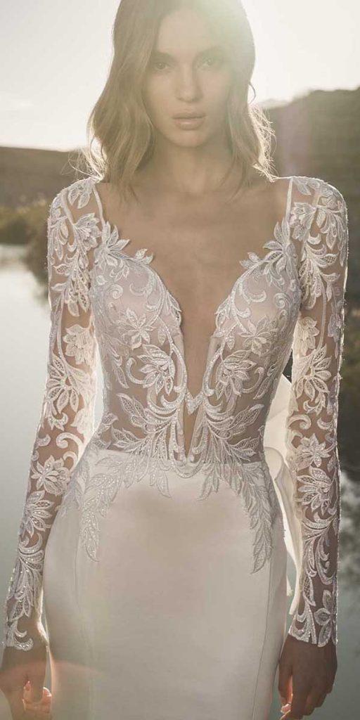 unique lace wedding dresses sexy deep v neckline with illusion sleeves pnina tornai