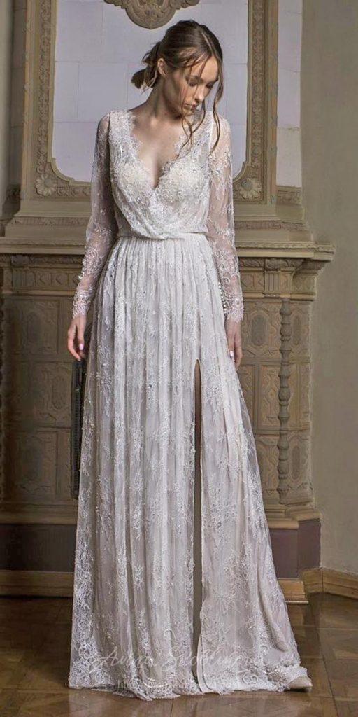 vintage wedding dresses with sleeves a line with long sleeves v neckline anna_skoblikova
