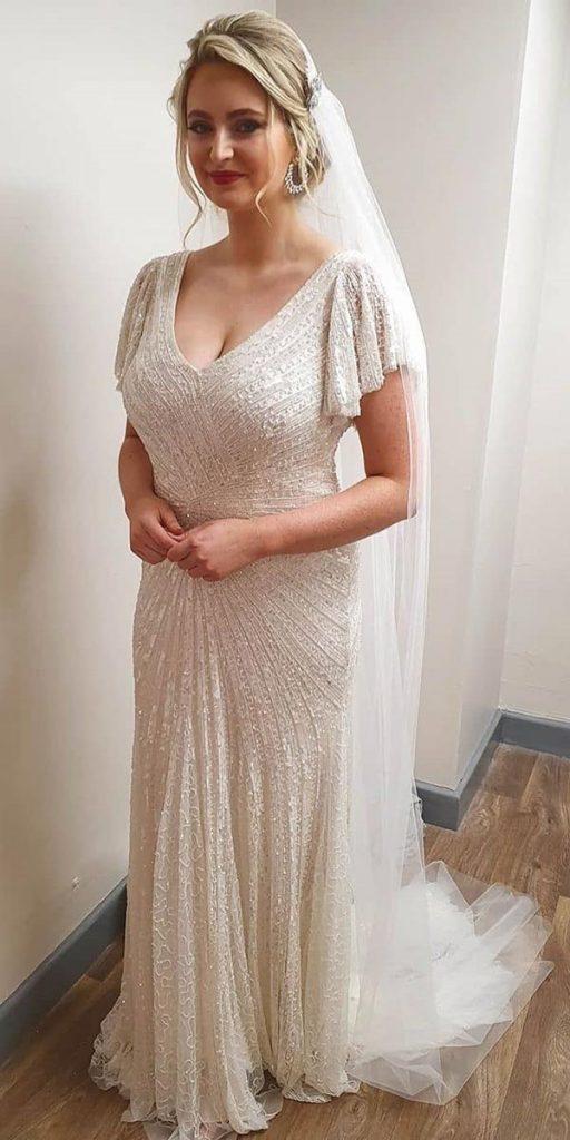 vintage wedding dresses with sleeves sheath with cap sleeves sequins v neckline elizajane howell