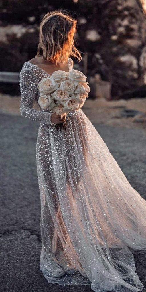 beach destination wedding dresses a line with long sleeves sequins country oneday