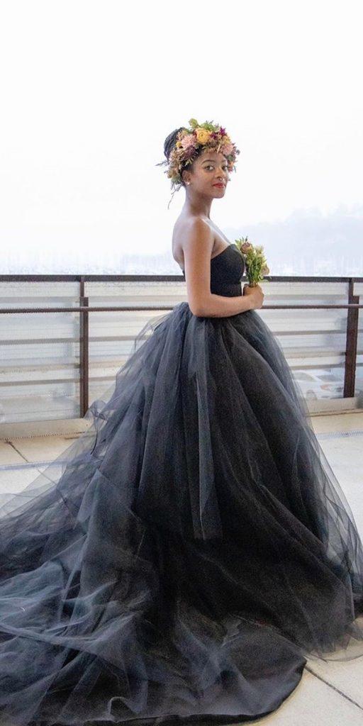 black wedding dresses ball gown strapless neckline tulle skirt frenchknotcouture
