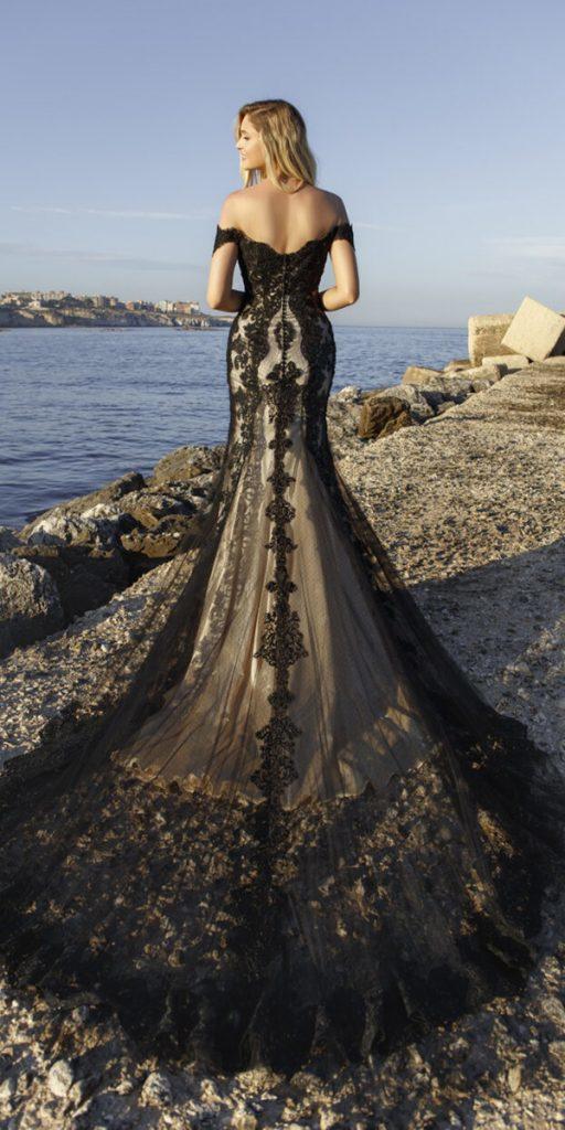  black wedding dresses fit and flare off the shoulder lace with train jarice