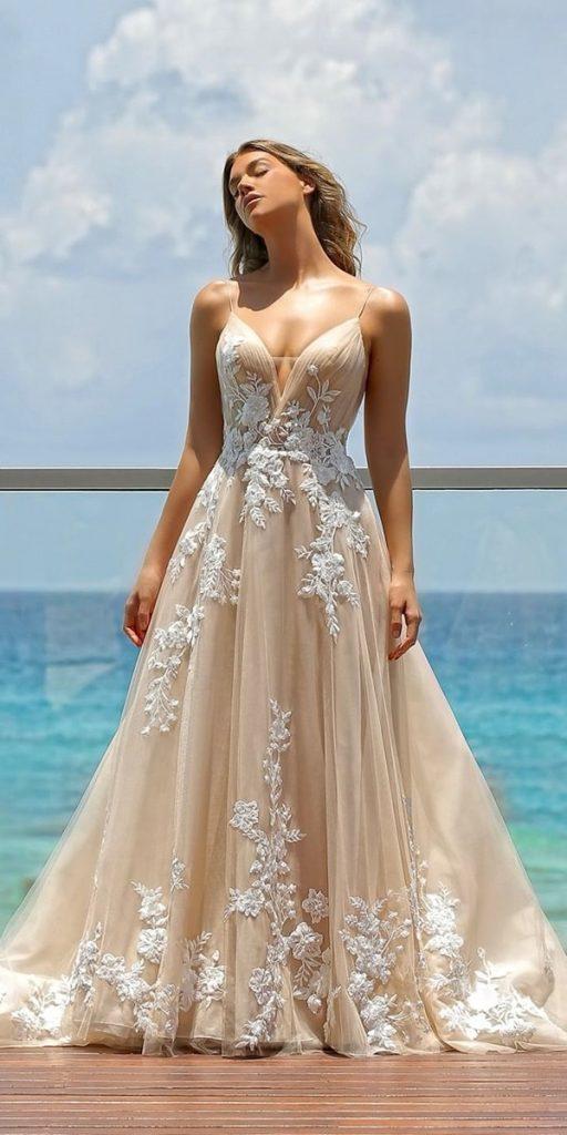 destination wedding dresses a line with spaghetti strap beige boho beach enzoani