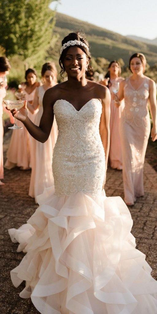 mermaid wedding dresses sweetheart neckline strapless ruffled skirt beaded beach allure
