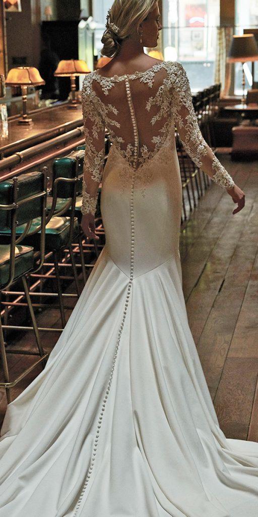 mermaid wedding dresses with illusion long sleeves lace with buttons train justin alexander