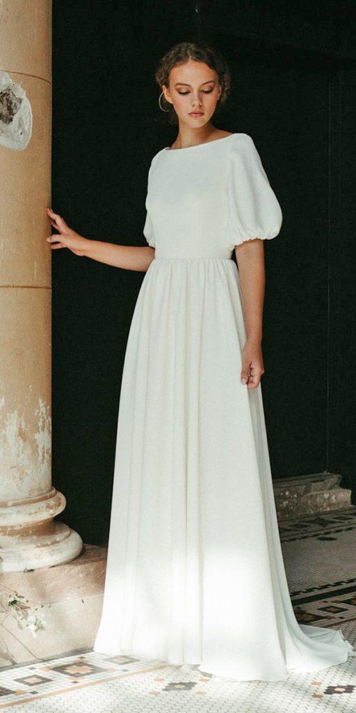 modest wedding dresses with sleeves a line simple with puff sleeves bohemian elizabet dye