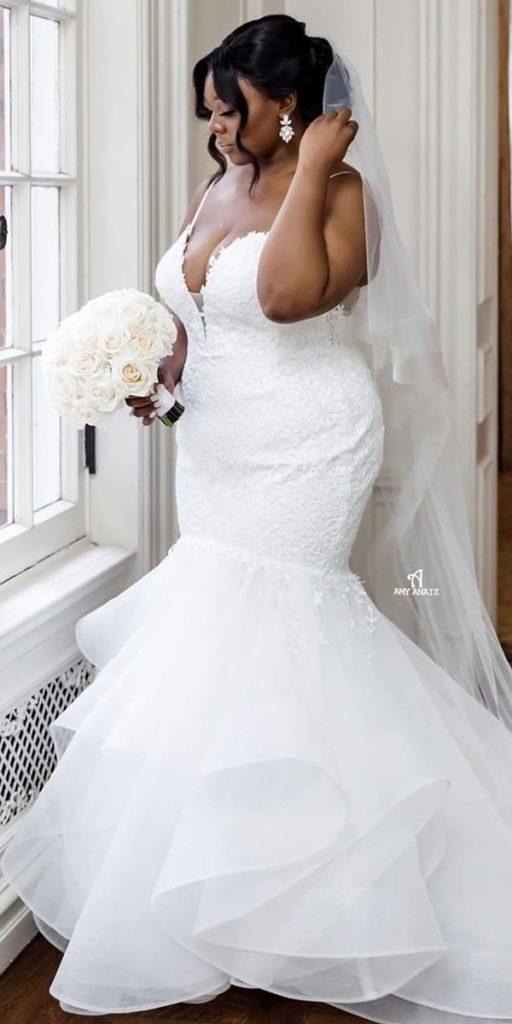 plus size wedding dresses mermaid with spaghetti straps lace tulle skirt pninatornai