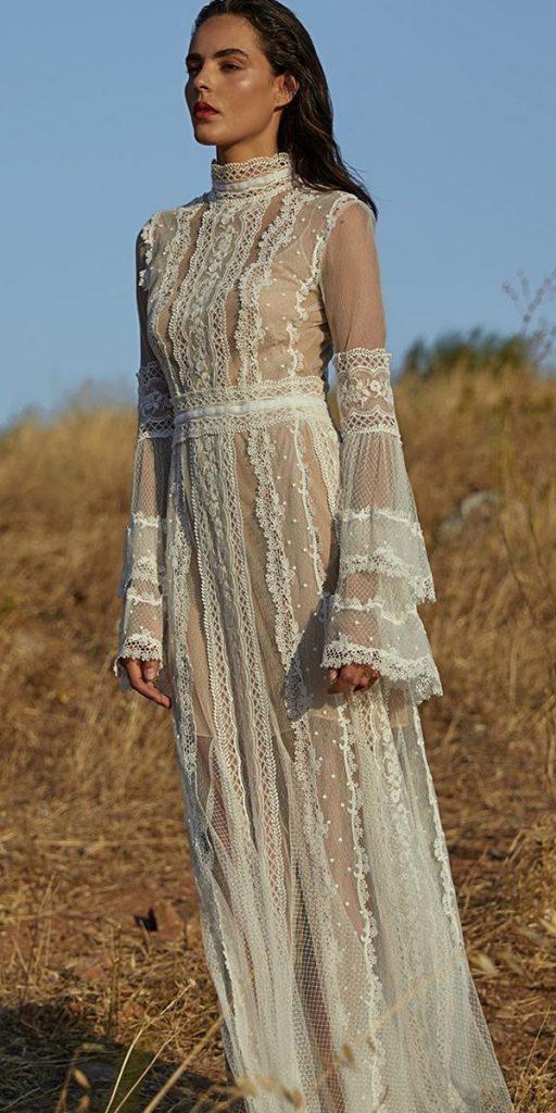 rustic lace wedding dresses a line with long sleeves bohemian costarellos