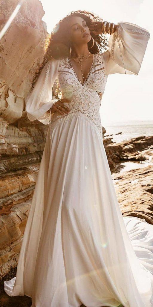 rustic lace wedding dresses a line with long sleeves v neckline rue de seine