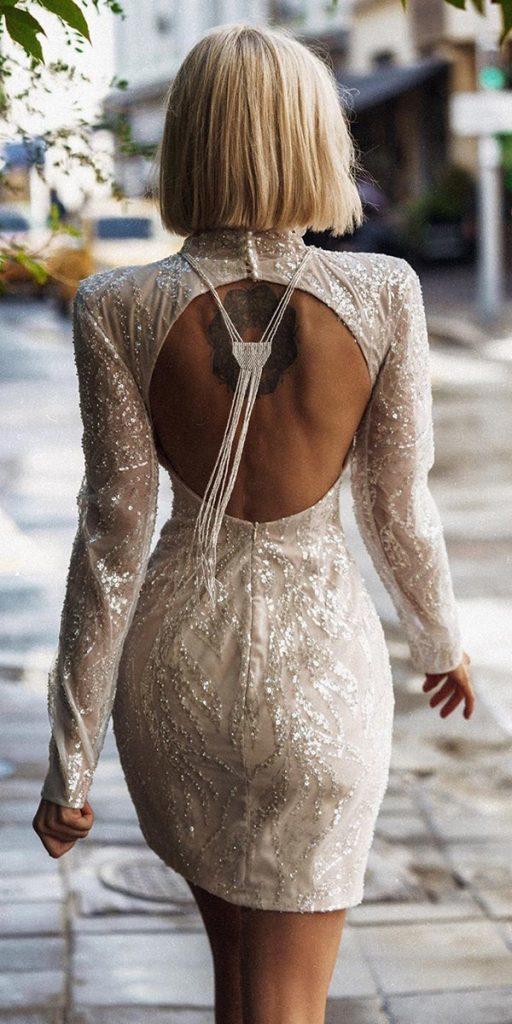 short wedding dresses open back with long sleeves sequins rara avis
