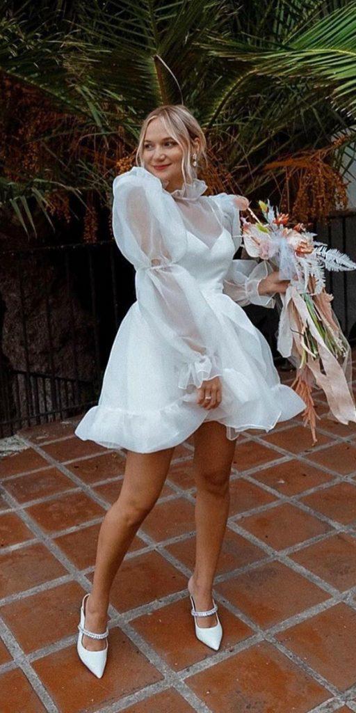 short wedding dresses simple with long sleeve puff odylynetheceremony