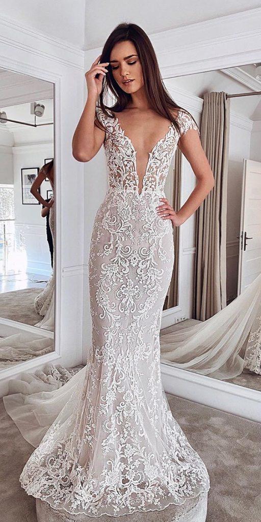 vintage lace wedding dresses deep v neckline mermaid tomsebastien