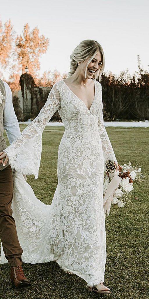 vintage lace wedding dresses sheath with long sleeves v neckline casablancabridal