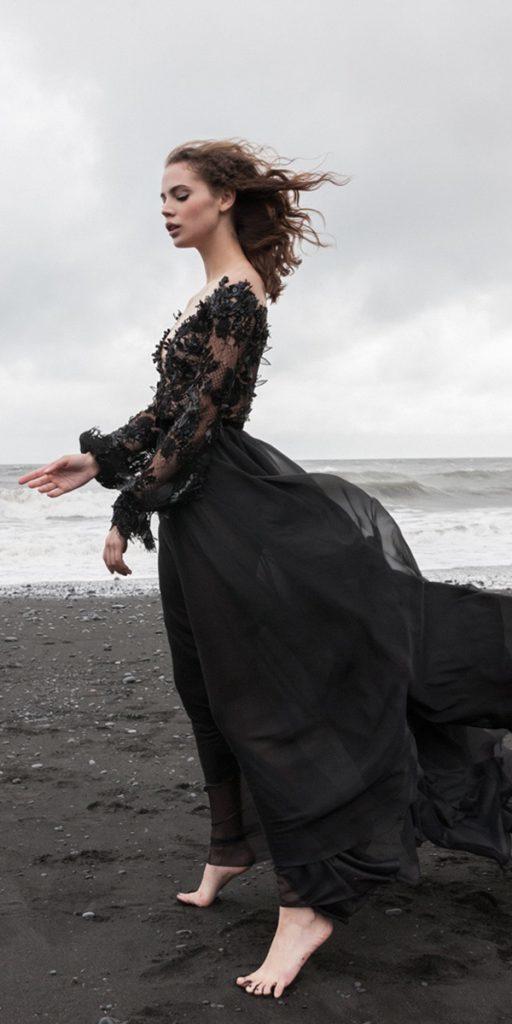 gothic wedding dresses a line with long sleeves tulle skirt black daalarma