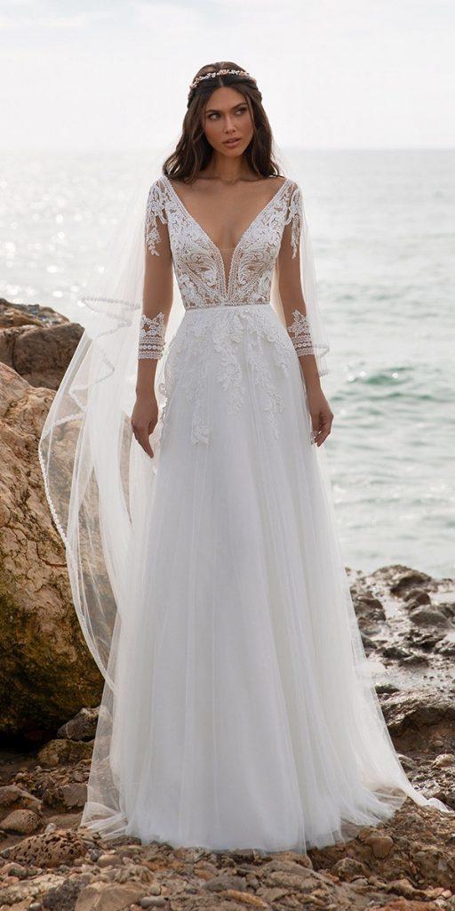 illusion long sleeve wedding dresses a line v neckline lace bohemian pronovias