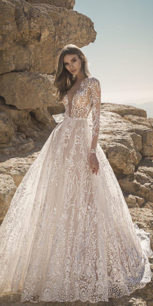 illusion long sleeve wedding dresses ball gown deep v neckline sexy lace nude pnina tornai